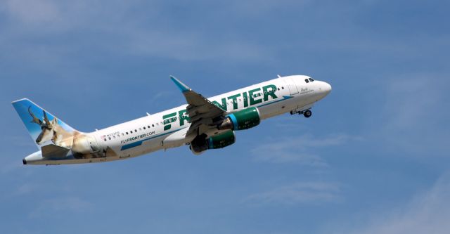 Airbus A320 (N233FR) - Shortly after departure is this 2016 Frontier Airlines Airbus 320-214 with "Buck" the Pronghorn getting the tail view in the Summer of 2022.