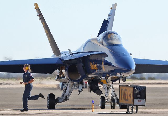 McDonnell Douglas FA-18 Hornet — - USN Blue Angels Hornet - minutes prior to takeoff at the Miramar Air Show.