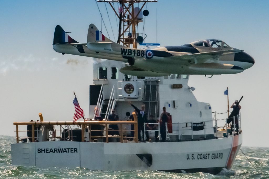 F+W EMMEN Vampire (N23105) - DEHAVILLAND DH115 VAMPIRE N23105 flying by the USCGC Shearwater during a hazy 2019 Atlantic City Air Show