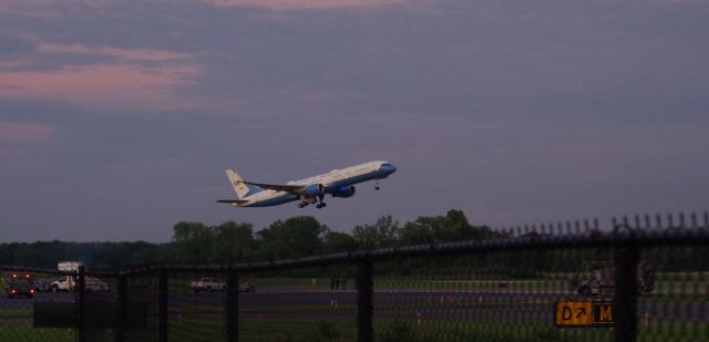 Boeing 757-200 (09-0015) - MORRISTOWN, NEW JERSEY, USA-JULY 24, 2020: Having completed its mission as Air Force One approximately one hour previous, a United Sates Air Force jet, registration number 90015 is seen departing Morristown Municipal Airport on Runway 23 at approximately 2030 Hours. President Trump had flown into Morristown to spend the weekend at his golf club in Bedminster, New Jersey. When flying into or out of Morristown Airport, the Air Force uses the Boeing 757-200 as Air Force One, instead of the larger 747, because of shorter runways at Morristown.