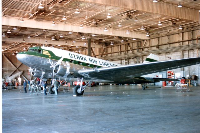 Douglas DC-3 (N763A) - Circa Oct 1985 at Ozark Airlines Maintenance Hangar 