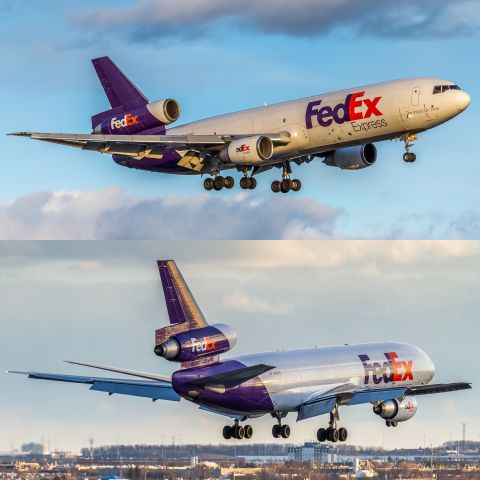 McDonnell Douglas DC-10 (N313FE) - Split screen shot of N313FE gliding past my position and down to runway 23 at YYZ. The FEDEX facility is located about 2/3 down the runway on the right making this the preferred runway for the cargo birds