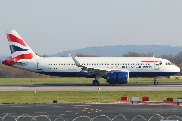 Airbus A320neo (G-TTNW) - G-TTNW British Airways Airbus A320neo landing in Manchester on flight BA1396 (callsign 'Shuttle Two Papa') from London Heathrow at 16:13 on Wednesday 19/03/25