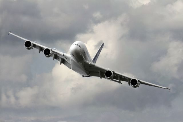 Airbus A380-800 (F-WWDD) - Off airport flying in a moody sky.