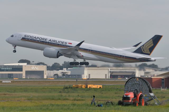 Airbus A350-900 (9V-SHN) - Adelaide, South Australia, 9 June, 2020. Although with no outbound passengers on board, SIA's flight 279, officially a return passenger flight, gets off the ground from runway 23 bound for Singapore.