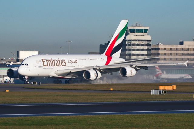 Airbus A380-800 (A6-EDL) - EK17 with reversers deployed after arriving from Dubai.  This was the first Emirates A380 to operate into Manchester when the service was upgraded from the B77W on Sept 1st 2010.