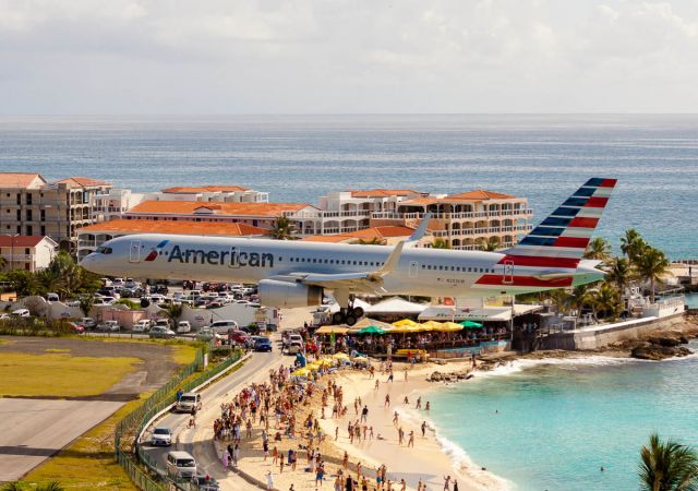 Boeing 757-200 (N203UW) - American airlines over maho beach at St Maarten