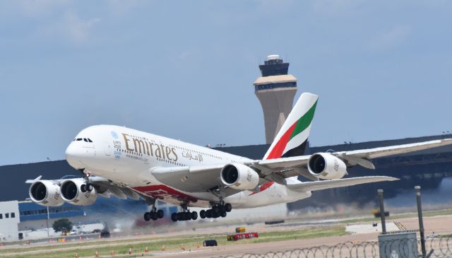 Airbus A380-800 (A6-EEO) - Emirates A380 leaving DFW.