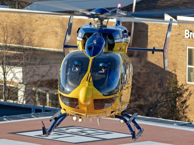 KAWASAKI EC-145 (N263MH) - Metro Life Flight departing the Cleveland Clinic Fairview Hospital rooftop pad Sunday afternoon, 3 Mar 2024.