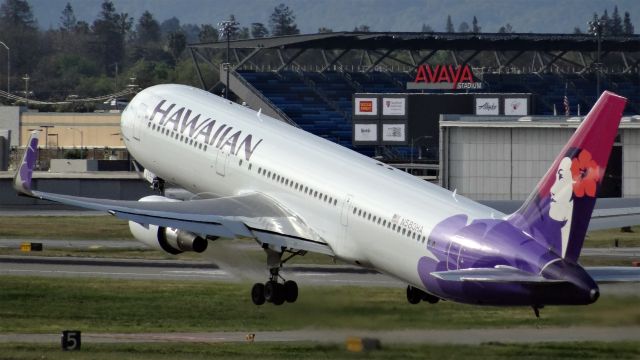 BOEING 767-300 (N580HA) - N580HA Hawaiian Airlines Boeing 767-300 - cn 28140br /First Flight: Aug 2001br /Age: 13.6 Yearsbr /08-Apr-2015 B763/L San Jose Intl (KSJC) Honolulu Intl (PHNL) 09:02 PDT 11:11 HST 5:08br /Distance Direct: 3,964 km    Planned: 4,031 km    Flown: 4,102 kmbr /br /N580HA taking off from 12L runway of KSJC at 09:02:47, April 8, 2015.