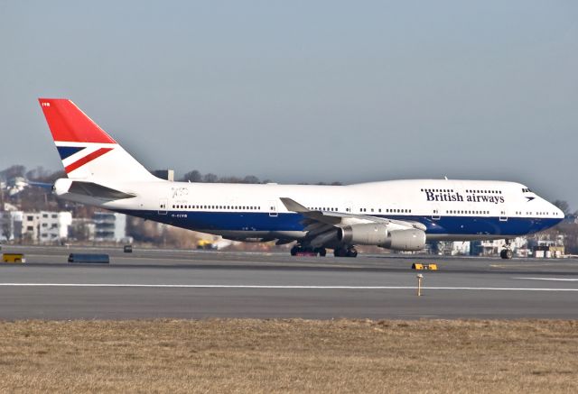 Boeing 747-400 (G-CIVB) - 03/28/19  1st visit of NEGUS BA special livery to Boston Logan