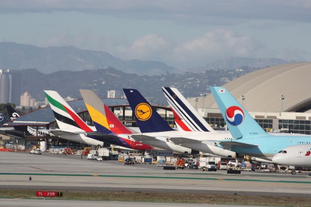 Airbus A380-800 — - 5 A 380s lined up at the trough...