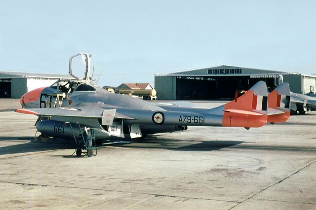 F+W EMMEN Vampire (A79661) - De Havilland Vampire T.35 A79-661 CFS YMES (RAAF East Sale) early 1960s