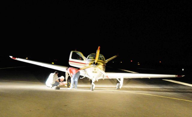 — — - Changing two flat tires on the runway after sundown. The lesson, be careful practicing short field landings, easy on the breaks.
