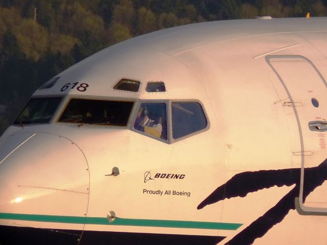 Boeing 737-700 (N618AS) - Captain is hard at work on the flight deck.