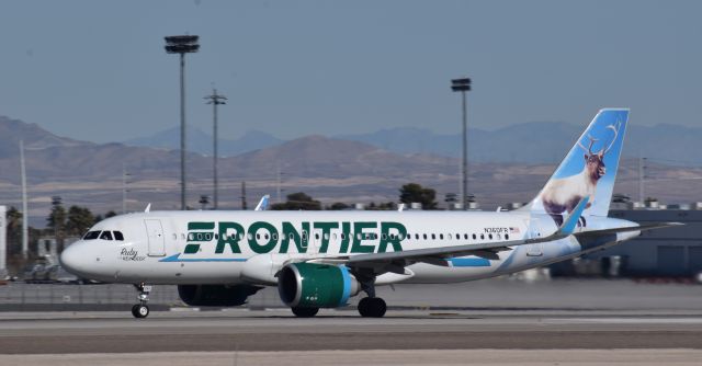 Airbus A320neo (N360FR) - Ruby the reindeer leaving KLAS