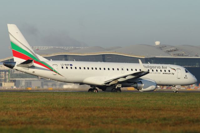 — — - Bulgaria Air's new Embraer E-190 lining up on runway 027L at LHR.