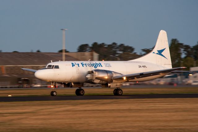 CONVAIR CV-580 (ZK-KFL) - Convair 580, ZK-KFL accelerating slowly down the very short "Nor-west" Runway 29 for a dusk departure on 23 November 2015. She was pretty heavy, as it took most of the available length to climb away from the tarmac, and there wasnt much of a head wind!