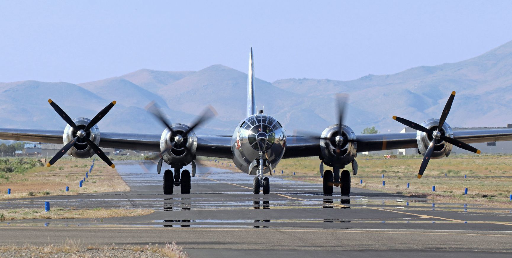 Boeing B-29 Superfortress (N69972) - Still a bit distant from us, the B-29 Superfortress "Doc' taxies toward my position in the back of the Follow Me vehicle after arriving at KMEV from Seattle (KBFI).