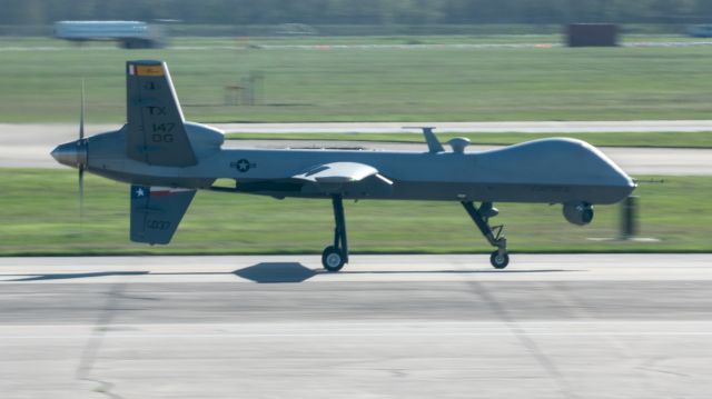 General Atomics Reaper (08037) - A MQ-9 Reaper taxis to Runway 35L at Ellington Field.  Assigned to the 147th Operations Group of the Texas Air National Guard.  3/18/2021