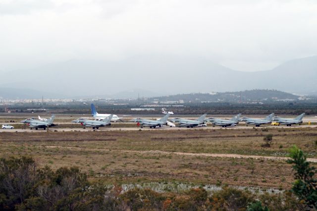EUROFIGHTER Typhoon — - Athens under siege. 7 RAF Eurofighters (out of 8 in total) parked in Athens during Medicane Zorbas. Two more KCs landed also.