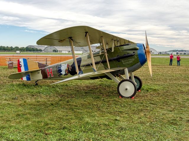 N103JH — - Spad XIII replica of Captain James Norman Hall's plane he flew for the French in the Lafayette Escadrille at the 2018 Dawn Patrol, The National Museum of the United States Air Force is in the background