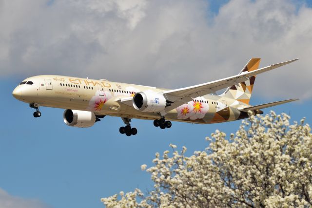 Boeing 787-9 Dreamliner (A6-BLS) - Flowers on the plane and flowers in the tree. That worked out  well!