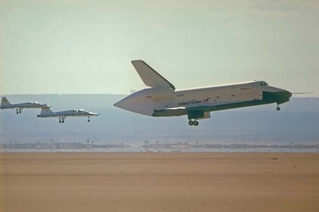 BOEING 737-300 (ELL101) - Space Shuttle  Enterprise landing at the conclusion of its first flight on August 12, 1977. Gordon Fullerton and Fred Haise were at the controls of the Enterprise.