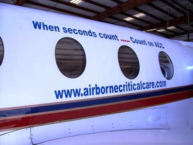 Mitsubishi MU-300 Diamond (N110DS) - ACCs slogan on the side of Airborne Critical Care, LLCs MU-300 aircraft AKA Critical Care One