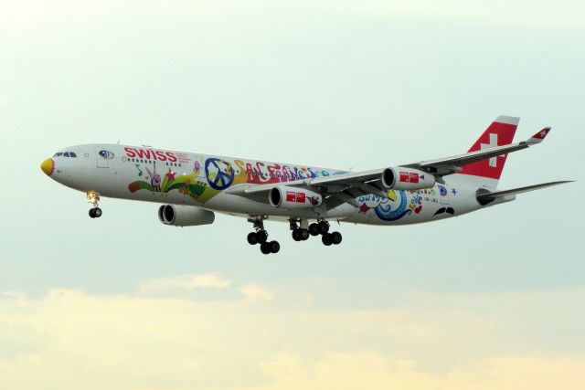 Airbus A340-300 (HB-JMJ) - Swiss A340, in San Francisco livery, arriving from Zurich. (7/5/11).