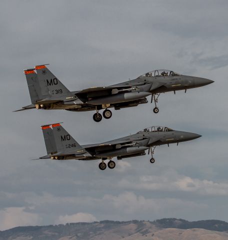 McDonnell Douglas F-15 Eagle — - Two F-15E Strike Eagles on approach to RW 28L for a formation touch and go at Boise Airport. (91-0319, 90-0246)