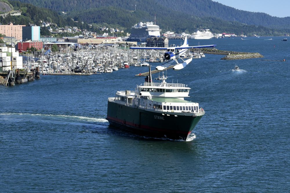 De Havilland Canada DHC-2 Mk1 Beaver (N770TH) - The Stikine, a Ro-Ro/Passenger Ship, IMO: 9388431 is doing its part as a runway incursion vehicle as V2 Aviation LLC N770TH, a 1957 DEHAVILLAND DHC-2 MK 1 comes in for a landing in the Tongass Narrows, Ketchikan, AK. Seen from the stern of the Holland America Noordam.