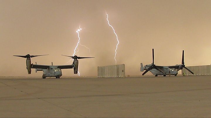 Bell V-22 Osprey — - On the ramp at Baghdad International during a sand storm.