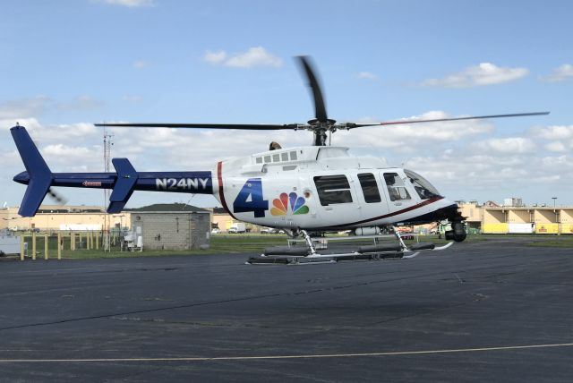 Bell 407 (N24NY) - LINDEN, NEW JERSEY, USA-AUGUST 26, 2019: A news helicopter from one of the local New York television stations is pictured taking off after refueling.