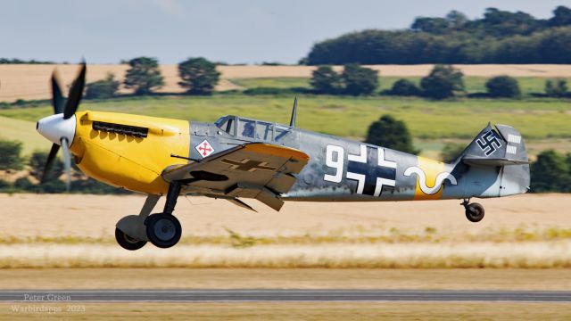 MESSERSCHMITT Bf-109 (G-AWHH) - Hispano Aviación HA-1112 'Buchon' : C.4K-105 / G-AWHH / White 9 departing Duxford on July 12th 2018