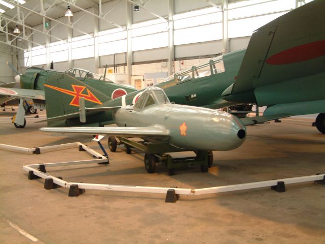 — — - In the foreground, a Yokosuka Ohka (US code name: Baka), a purpose designed Japanese kamikaze aircraft, on display at RAF Cosford in September 2001. Behind the Baka is a Mitsubishi Ki-46-III (US code name: Dinah) which is a high reconnaissance aircraft from late in WW2. The single engine aircraft in the background is a Kawasaki Ki-100-1b. br /See squawks (key word kamikaze or Ohka) for more details.