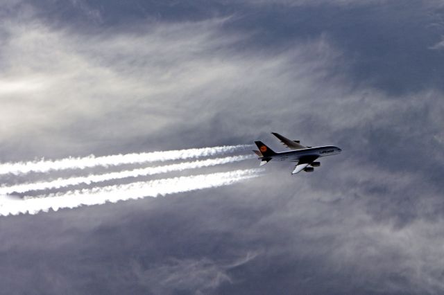 — — - Lufthansa A380 passing Falcon 900EX over Atlantic approaching Labrador. Amazingly we were at FL39 cruising at .84, and the A380 slowly overhauled us at FL37. There is another image on FltAware taken after the A380 moved ahead of us.