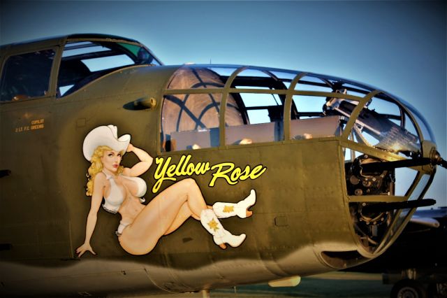 North American TB-25 Mitchell (N25YR) - B-25 Yellow rose highlighted by the Glow from the Setting Sun.