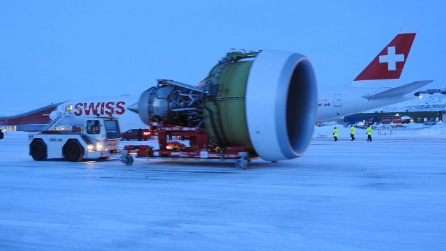 Boeing 777 — - the day the new engine gets installed on Swiss LX40 in Iqaluit Nunavut