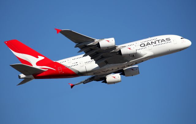 Airbus A380-800 (VH-OQK) - Climbing from Rwy 34L