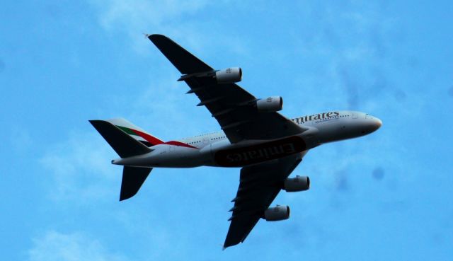 Airbus A380-800 — - EMIRITES Flight UAE3  Dubai2  LONDON  Heathrow  LHR  EGLL over Castelnau  SW LONDON 7pm BST 9th August 2013