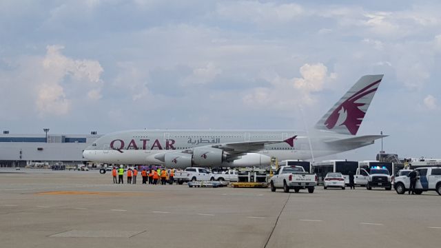 Airbus A380-800 (A7-APF) - Water welcome for Qatar first flight to KATL.