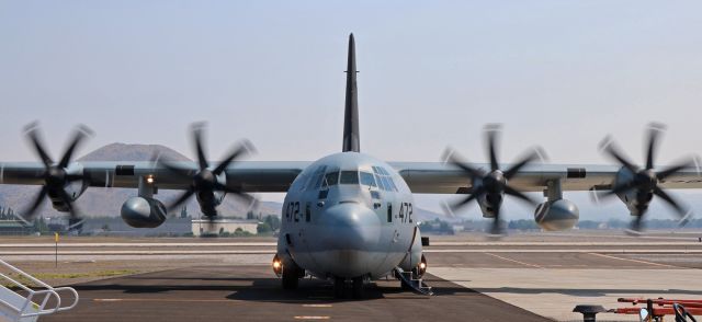 Lockheed C-130 Hercules (16-6472) - A USMC KC-130J (166472) of VMGR-252 (Marine Aerial Refueler Transport Squadron 252, Marine Aircraft Group 14, 2nd Marine Aircraft Wing, Marine Corps Air Station Cherry Point) is seconds away from backing out of the Atlantic Aviation ramp and down that dark access ramp under the port wing all the way to Lima taxiway (in the background) in order to begin a flight home to MCAS Cherry Point.
