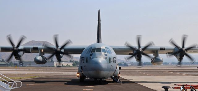 Lockheed C-130 Hercules (16-6472) - A USMC KC-130J (166472) of VMGR-252 (Marine Aerial Refueler Transport Squadron 252, Marine Aircraft Group 14, 2nd Marine Aircraft Wing, Marine Corps Air Station Cherry Point) is seconds away from backing out of the Atlantic Aviation ramp and down that dark access ramp under the port wing all the way to Lima taxiway (in the background) in order to begin a flight home to MCAS Cherry Point.