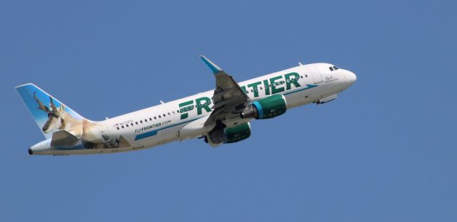 Airbus A320 (N233FR) - Shortly after departure is this 2016 Frontier Airlines Airbus 320-214 with "Buck" the Pronghorn looking back in the Summer of 2022.