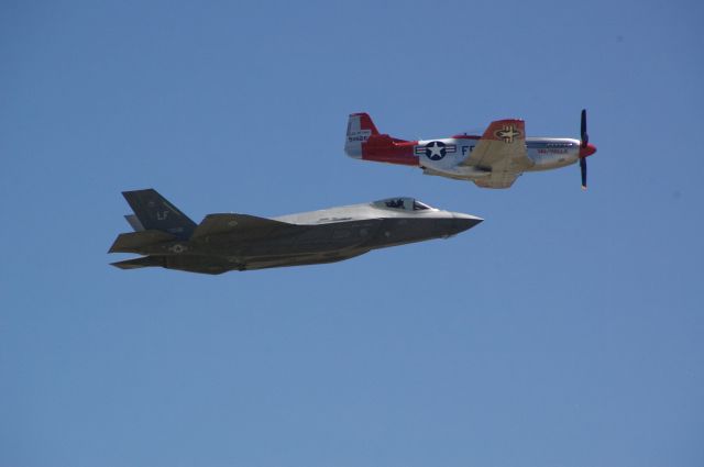 North American P-51 Mustang (N151AF) - Heritage flight at the Warriors of the Wasatch air show 2016 at Hill AFB. P51 "VAL-HALLA" and a f35 Lightning. 