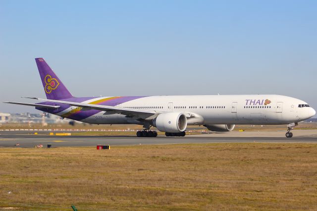 BOEING 777-300ER (HS-TKQ) - A Thai B777-300ER taking off from Frankfurt Airport.br /br /Location: Viewpoint "West Runway"/Aussichtspunkt "Startbahn West".br /Date: 13.02.23 (dd/mm/yy).