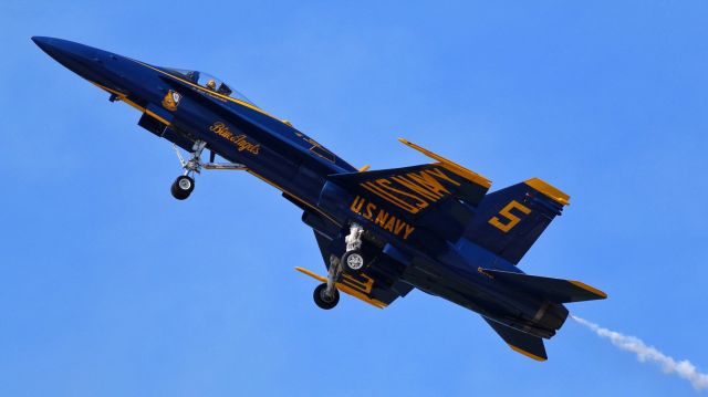 — — - Blue Angels #5 doing a "dirty" pass during the 2016 Cleveland National Air Show at Burke Lakefront Airport in Cleveland, Ohio.