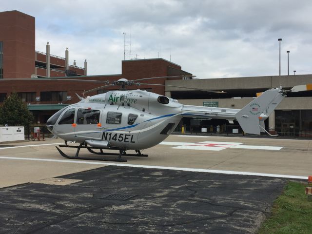 KAWASAKI EC-145 (N145EL) - Outside helipad at Bronson Hospital Kalamazoo, MI 10-17-16 near KAZO Transports patients To Bronson or Borgess Hospital. Fairly New 2015 Model