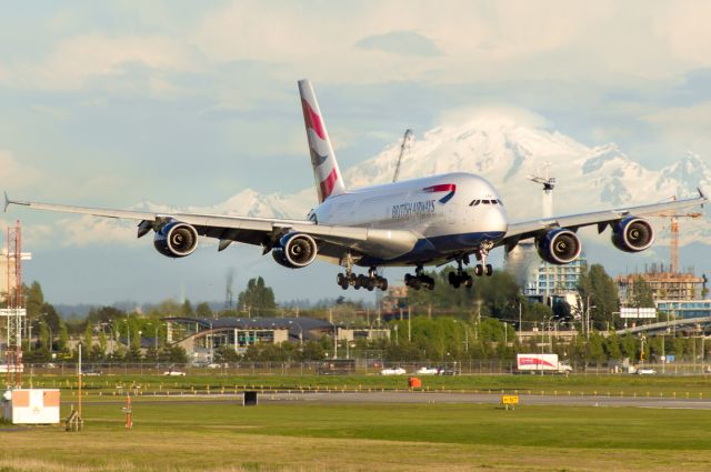 Airbus A380-800 (G-XLEF) - On short final past Mount Baker.